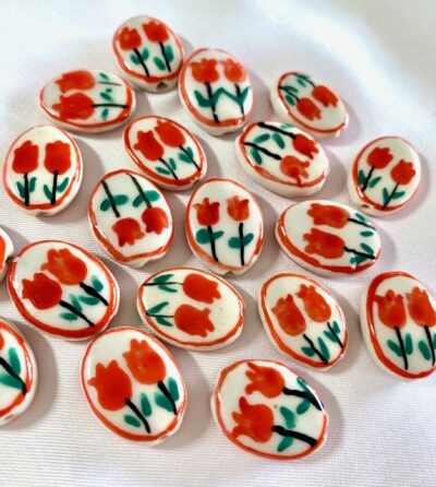 Hand Painted Double Red Tulip Flat Oval Ceramic Bead