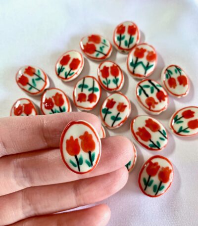 CLOSE UP Hand Painted Double Red Tulip Flat Oval Ceramic Bead