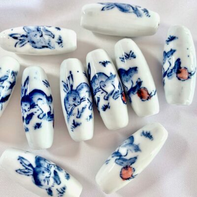 Hand Painted Blue Rabbit & Carrot Barrel Ceramic Bead (Large)