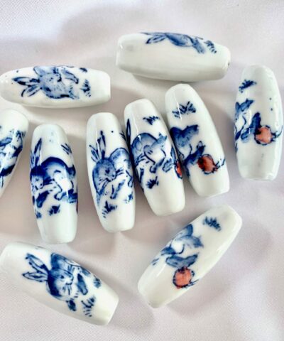 Hand Painted Blue Rabbit & Carrot Barrel Ceramic Bead (Large)