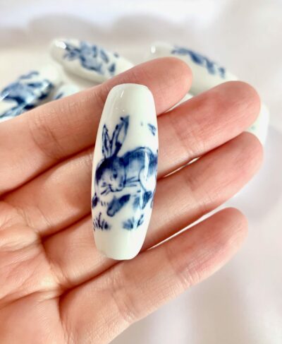 CLOSE UP Hand Painted Blue Rabbit & Carrot Barrel Ceramic Bead (Large)