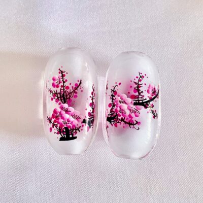 Pink Cherry Blossom Floral Chinese Inner Painted Handmade Glass Bead