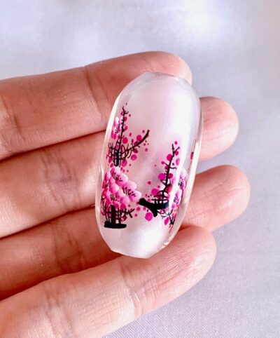 CLOSEUP_Pink Cherry Blossom Floral Chinese Inner Painted Handmade Glass Bead