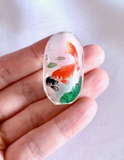 CLOSEUP_Twin Red & Black Koi Fish Lotus Flower Chinese Inside Painting Handmade Glass Bead