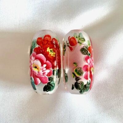 Pink & Red Peony Floral Chinese Inside Painting Handmade Glass Barrel Bead