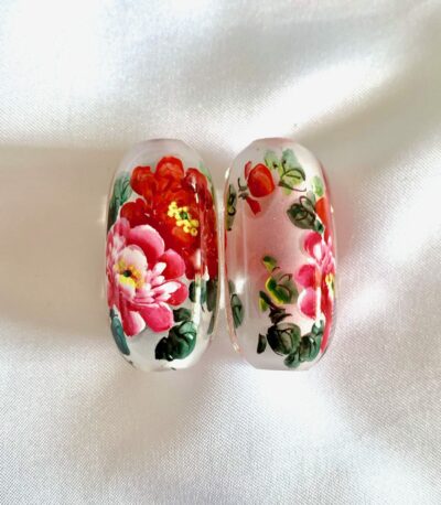 Pink & Red Peony Floral Chinese Inside Painting Handmade Glass Barrel Bead