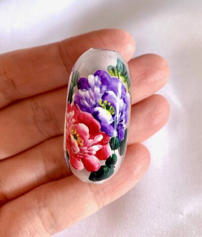 CLOSEUP_Pink & Purple Peony Floral Chinese Inside Painting Handmade Glass Bead