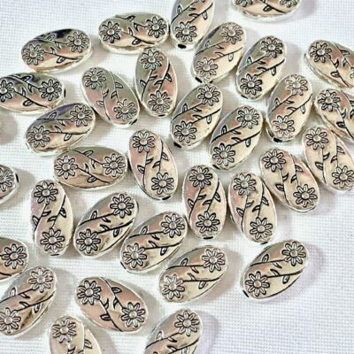 Antique Silver Flat Floral Oval Metal Bead