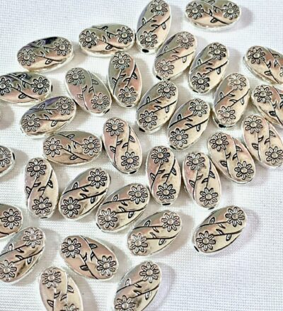 Antique Silver Flat Floral Oval Metal Bead