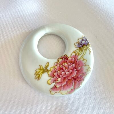 Pink & Purple Peony Donut Shaped Focal Round Ceramic Pendant