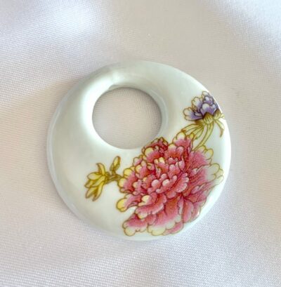 Pink & Purple Peony Donut Shaped Focal Round Ceramic Pendant