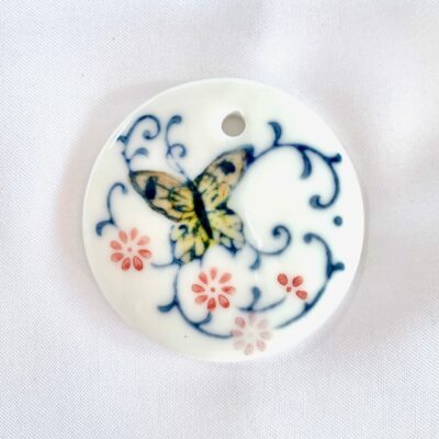 Hand Painted Monarch Butterfly Floral Focal Round Ceramic Pendant (Large)