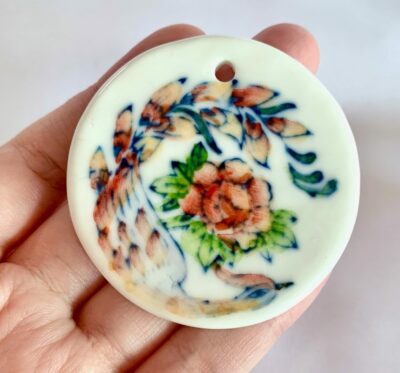 CLOSEUP_Hand Painted Phoenix & Peony Focal Round Ceramic Pendant (Large)